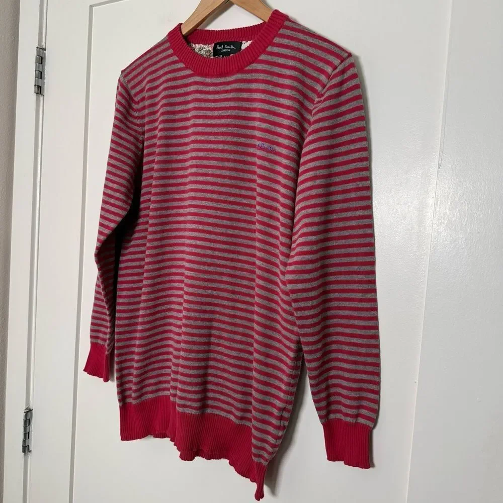 Paul Smith Sweater Mens Sz M Red Gray Striped Crew Neck 100% Cotton Preppy